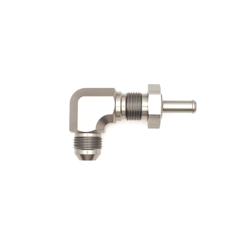 DeatschWerks 8AN Male Flare To 5/16in. Male Barb Bulkhead Adapter 90-Degree Incl. Nut (6-02-0713)